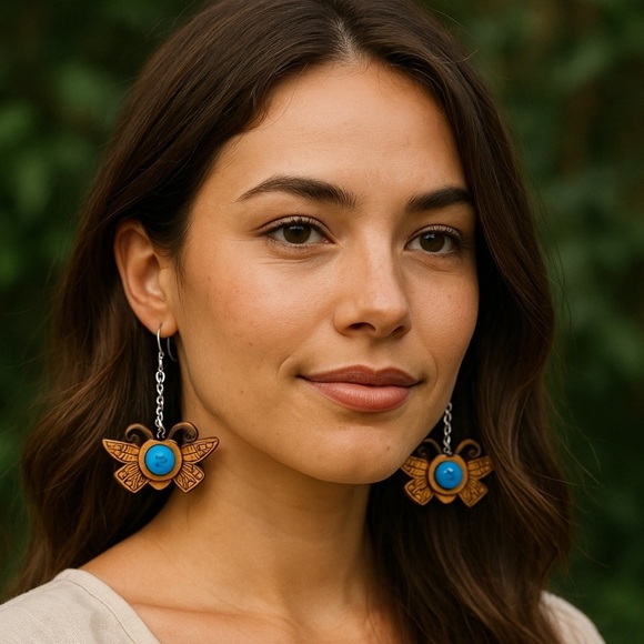 Handmade Jewelry - Handmade Wood Carving & Pyrography Butterfly Earrings with Bead NWT